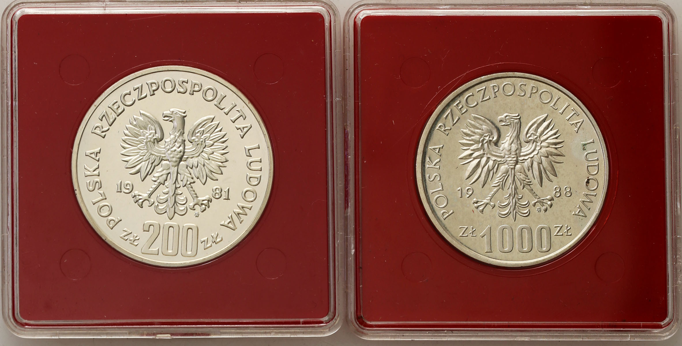 PRL. PRÓBA srebro 200 i 1.000 złotych 1981, 1988, zestaw 2 monet